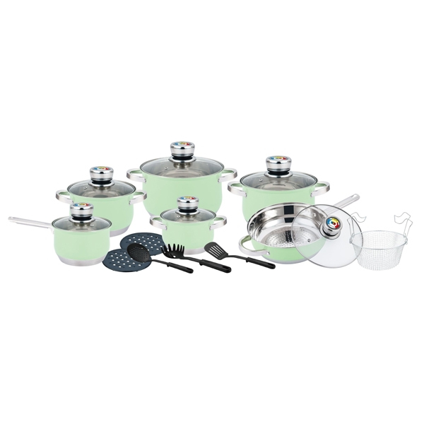 18 pcs, cookware set, green, stainless-steel, glass-lids, Herenthal