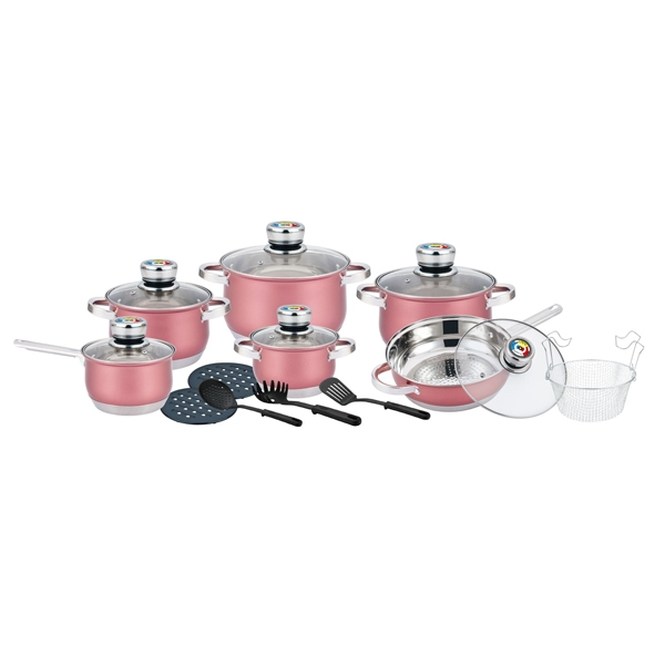 18 pcs, cookware set, pink, stainless-steel, glass-lids, Herenthal
