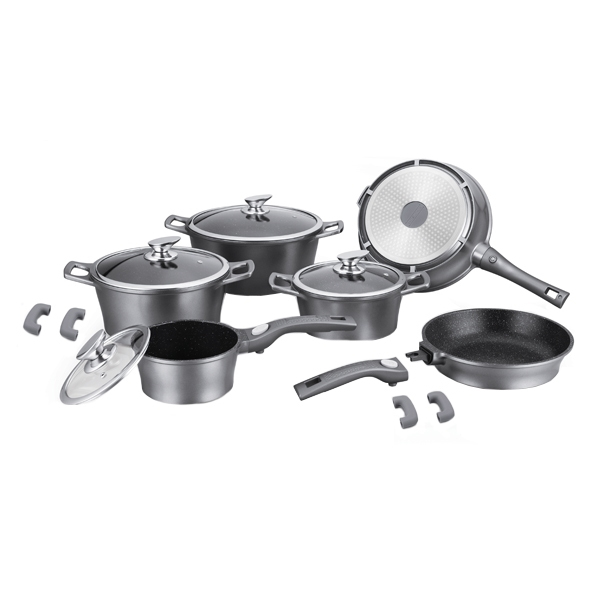 14 pcs, cookware set, silver, click handle, marble coated, glass lids, Royalty Line