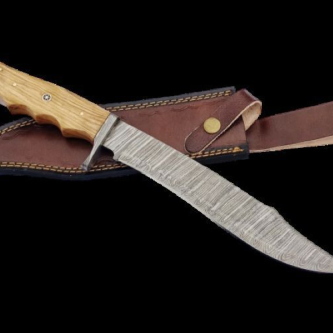 Handmade, hunting bowie knife, damascus steel, leather holster