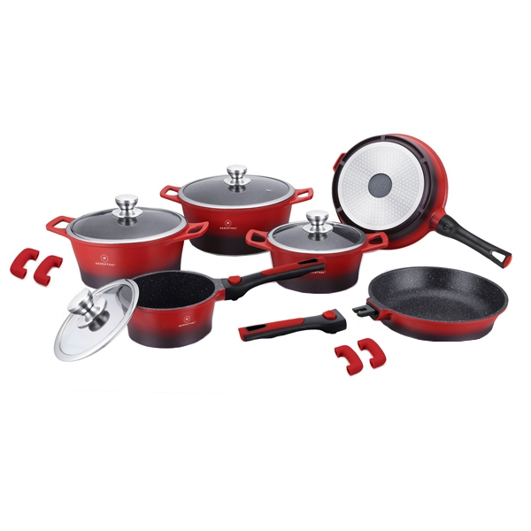 14 pcs, cookware set, red-black, click handle, marble coated, glass lids, Herenthal