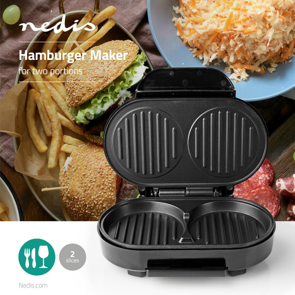 1000w, hamburger maker, non-stick coating, low fat, temperature control, removable tray, Nedis