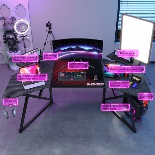 180x70x74 cm, gaming desk, cup-holder, headset hook, steel table frame, carbon fiber, CIS D3100-180