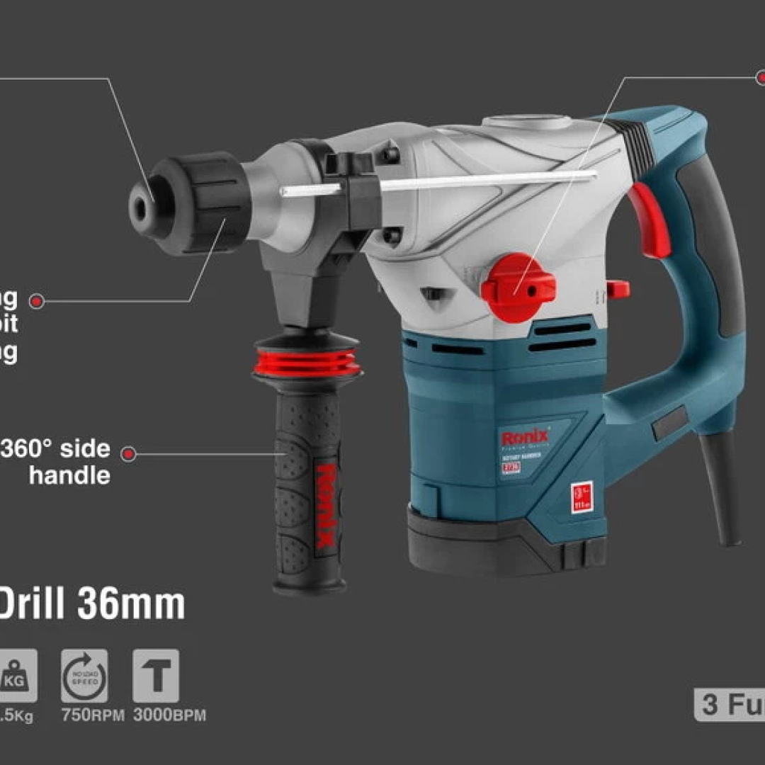 1500W, corded, rotary hammer, SDS-Plus, 36mm, drilling, hammering and hammering with rotation, RONIX