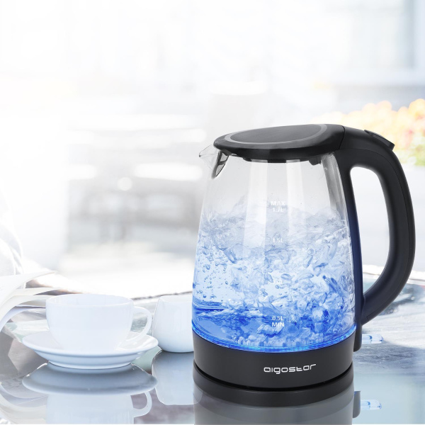 1.7LT, electric, glass kettle, blue Led light, Aigostar Adam