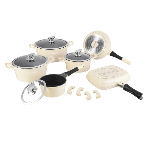 15 pcs, cookware set, cream, marble coated, glass lids, click handle, pots set, Royalty Line