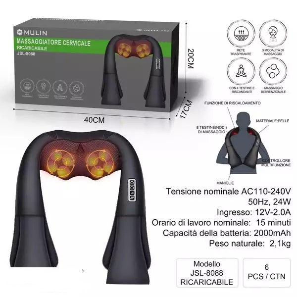 Cordless, back and neck massager, heating for pain relief, 3D massage 