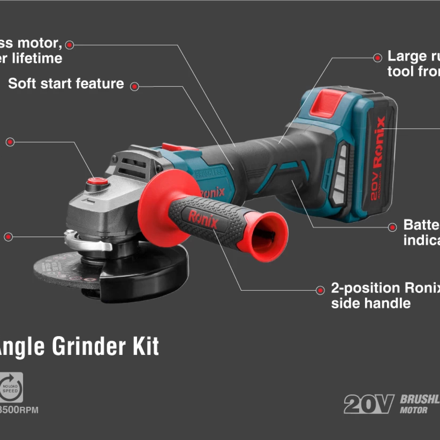 20V, cordless, mini angle grinder, complete kit, brushless series, RONIX 8901K