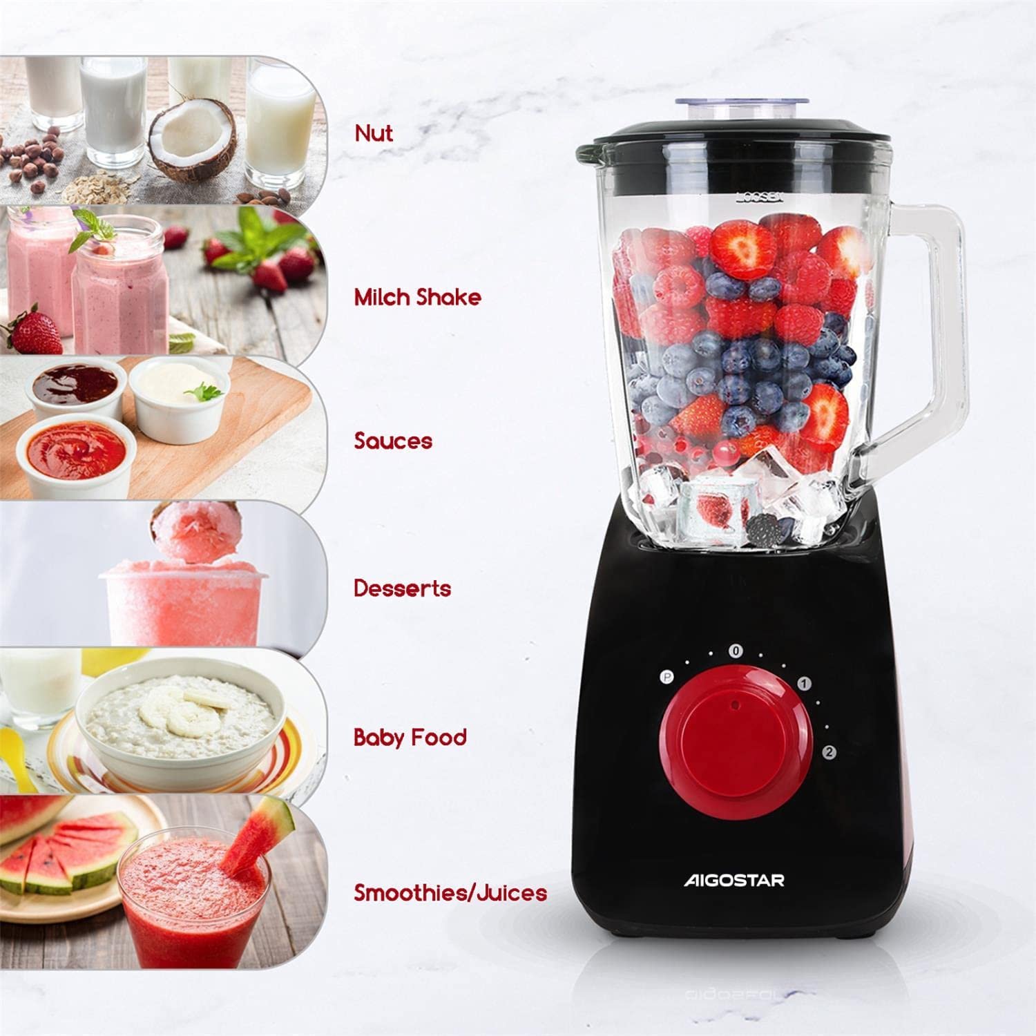 1.5LT, glass jug, fruit blender, ice crusher, 750W, smoothie maker, milkshake, frozen fruit, BPA free, Aigostar