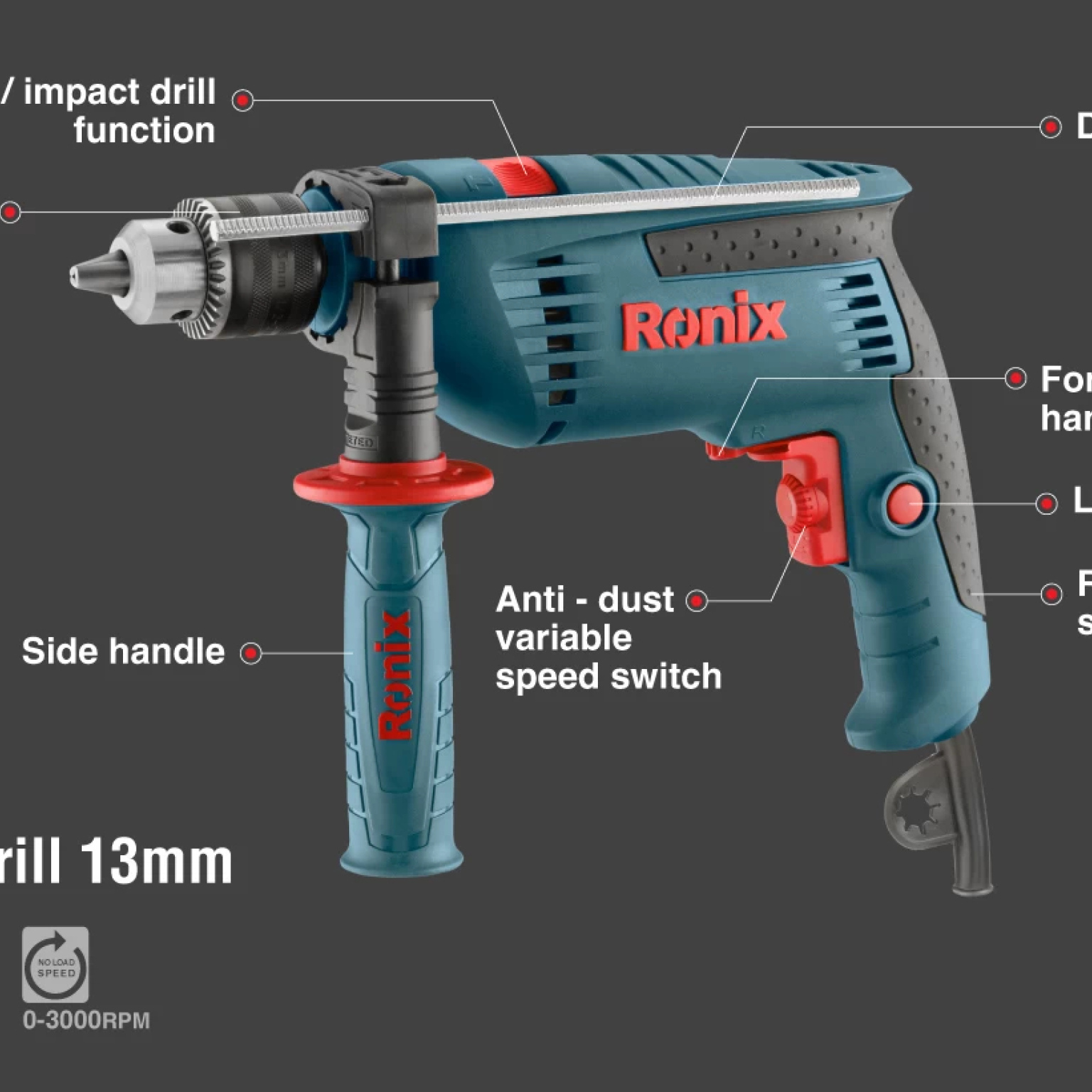 13mm, 850W, electric, impact drill, variable speed, RONIX 2250